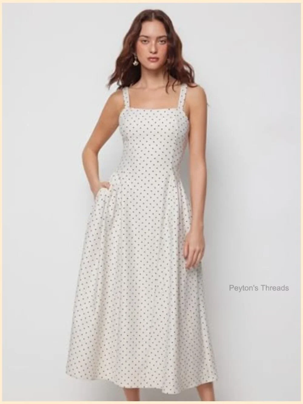 Polka Dot Midi A-Line Dress with Side Pockets Square Neck Sleeveless - Picture 4 of 7
